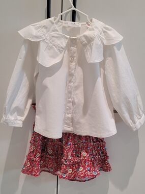 Zara White Ruffled Collar Button-Up Blouse & Ralph Lauren Ruffle Crepe Skirt 4